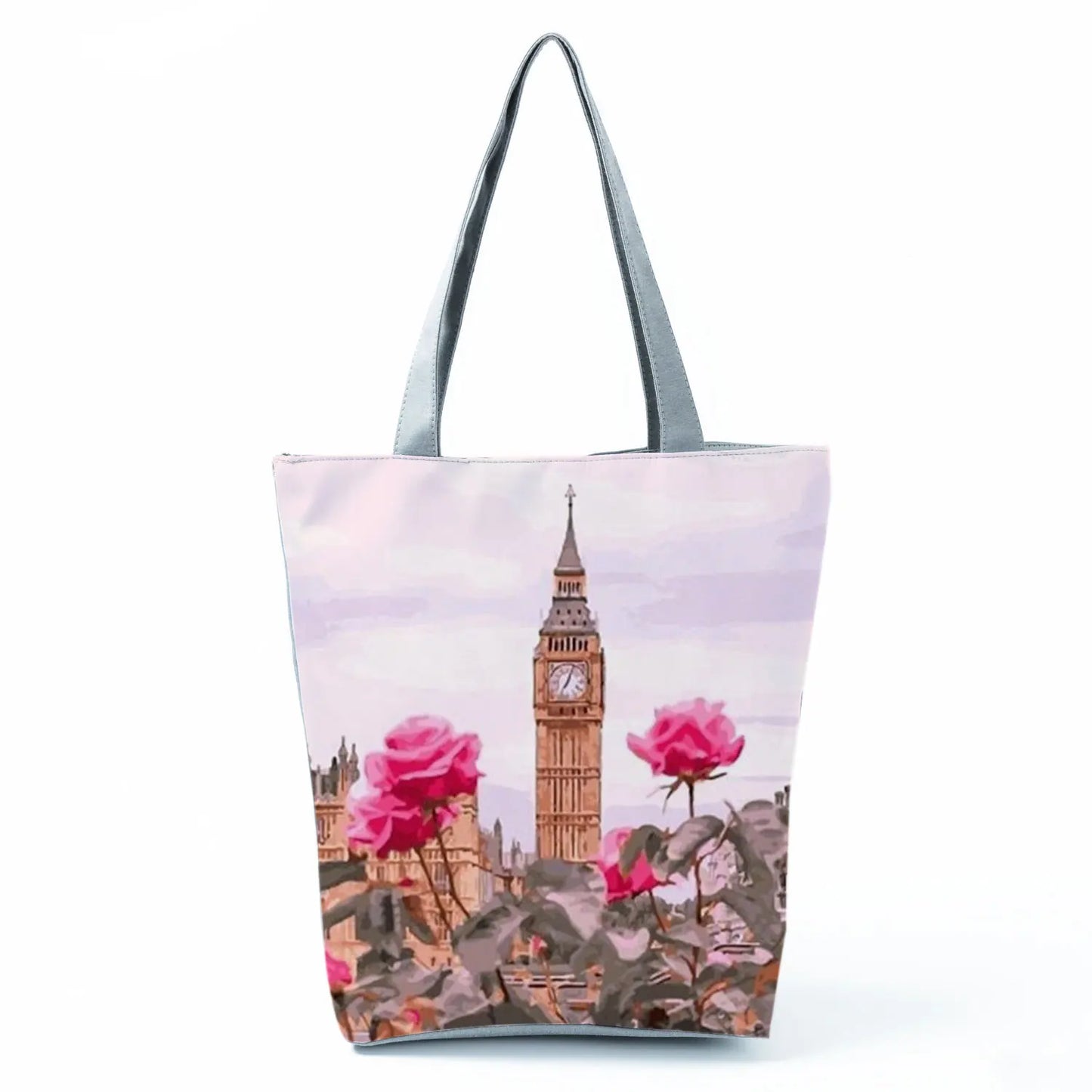 Floral Eiffel Tower Print Tote Bag Paris Landscape Shoulder Bag Fashion Pretty Handbags High Capacity Shopping Bag Eco Beach Bag