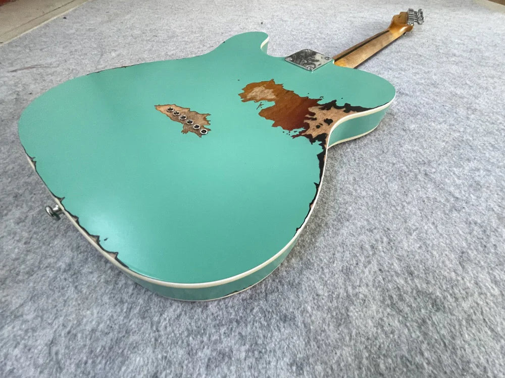 Distressed Handpainted  Electric Guitar，Master built seafoam green On sunburst color, High Quality, can be customized，free shipping