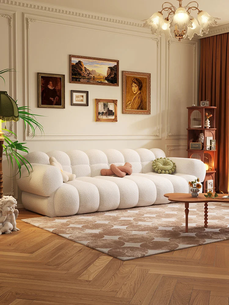 French retro green sofa, cotton candy, straight row cream style, small living room, piano keys, lamb plush sofa