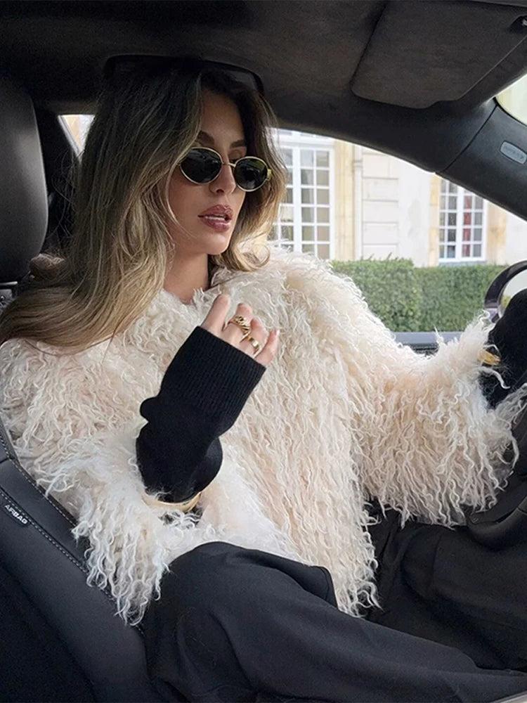 Elegant Faux Fur Warm Women Winter Coats Lapel Long Sleeve Thickened Loose Jackets 2025 Winter New Lady High Street Outerwears