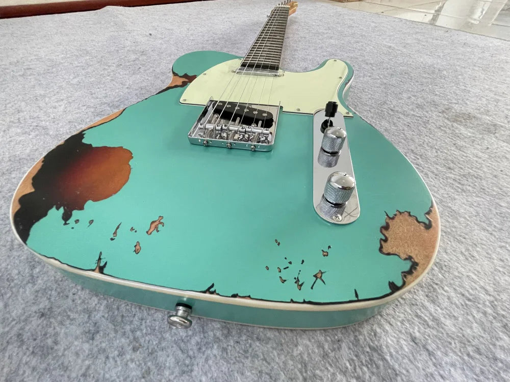 Distressed Handpainted  Electric Guitar，Master built seafoam green On sunburst color, High Quality, can be customized，free shipping