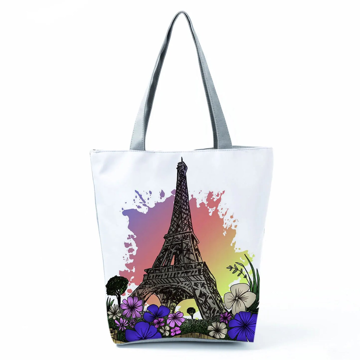 Floral Eiffel Tower Print Tote Bag Paris Landscape Shoulder Bag Fashion Pretty Handbags High Capacity Shopping Bag Eco Beach Bag