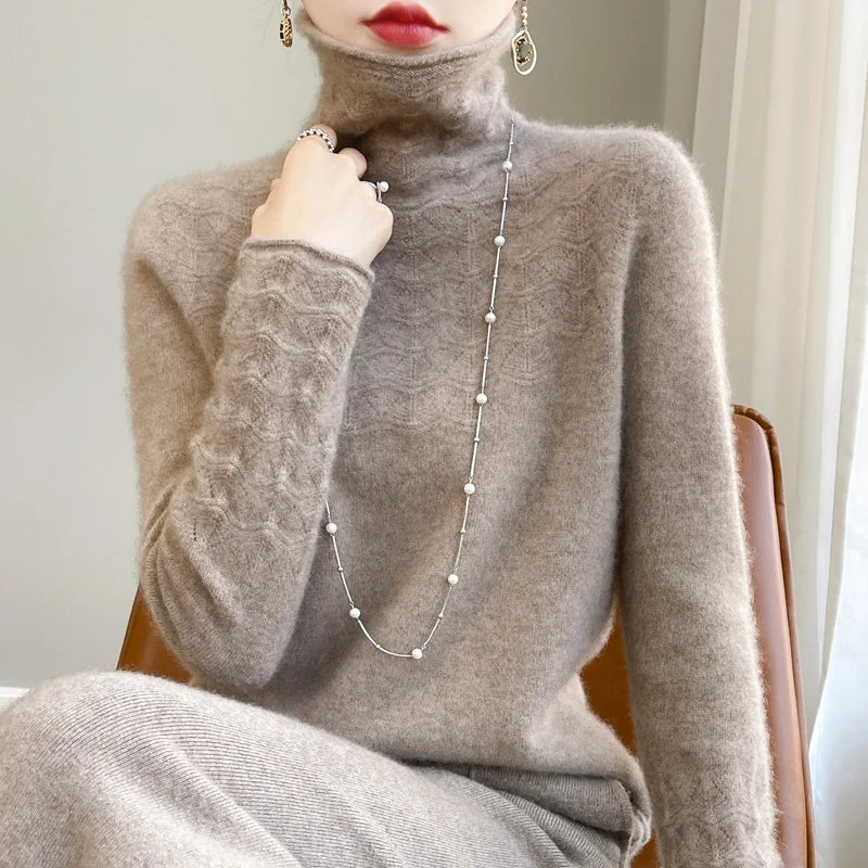 Fashion Cashmere Jumper 100% Merino Wool Pullover Winter High Neck Solid Long Sleeve Women's Seamless Hollow out Knitted Sweater