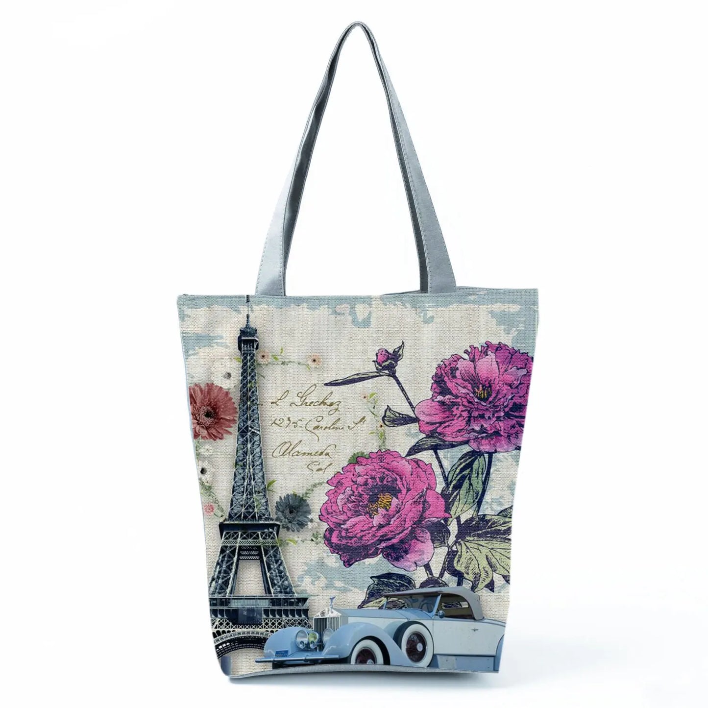 Floral Eiffel Tower Print Tote Bag Paris Landscape Shoulder Bag Fashion Pretty Handbags High Capacity Shopping Bag Eco Beach Bag