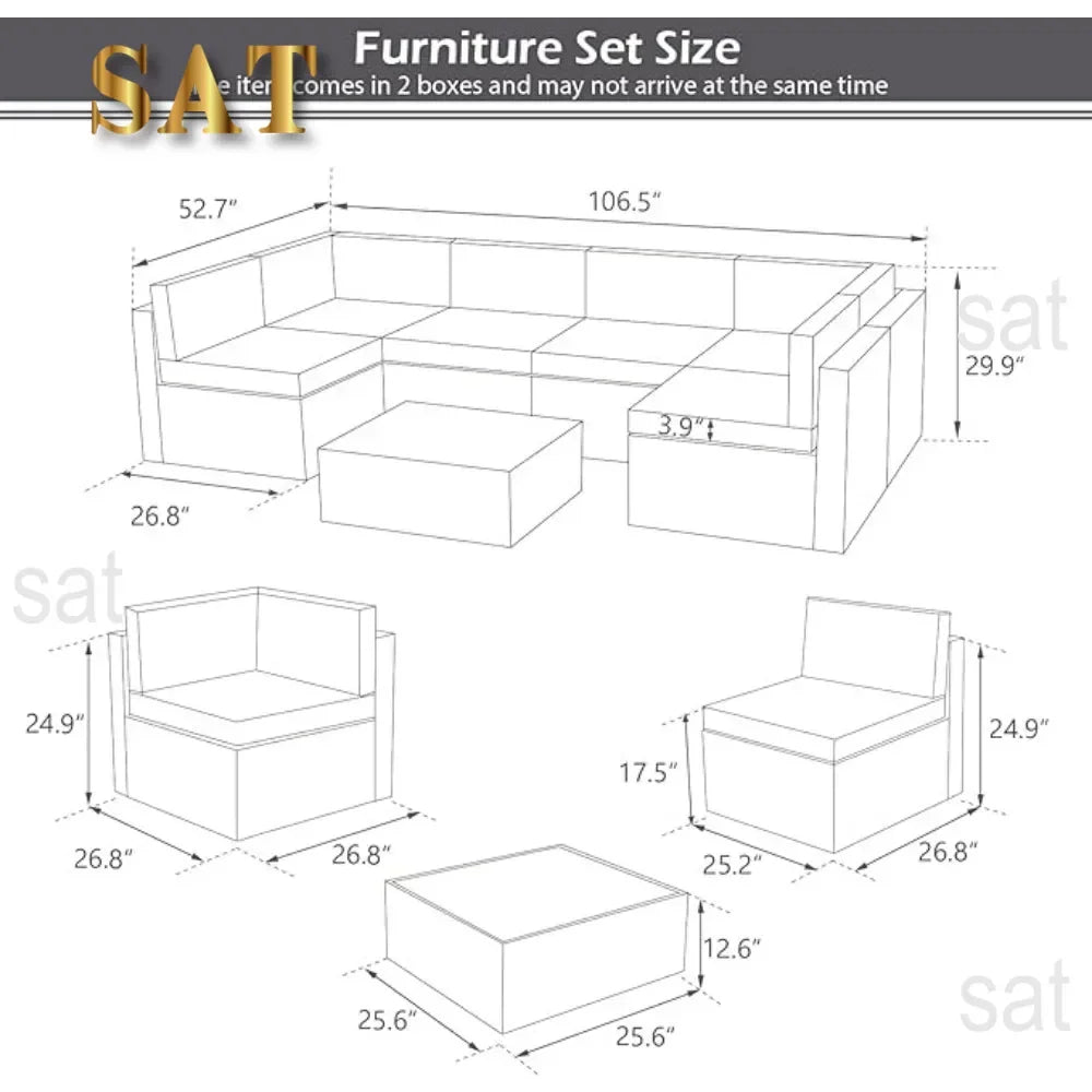 7-Piece Patio Furniture Set-Modular Wicker Outdoor Sectional Sofa Rattan With Pillow-top Cushions and Coffee Table