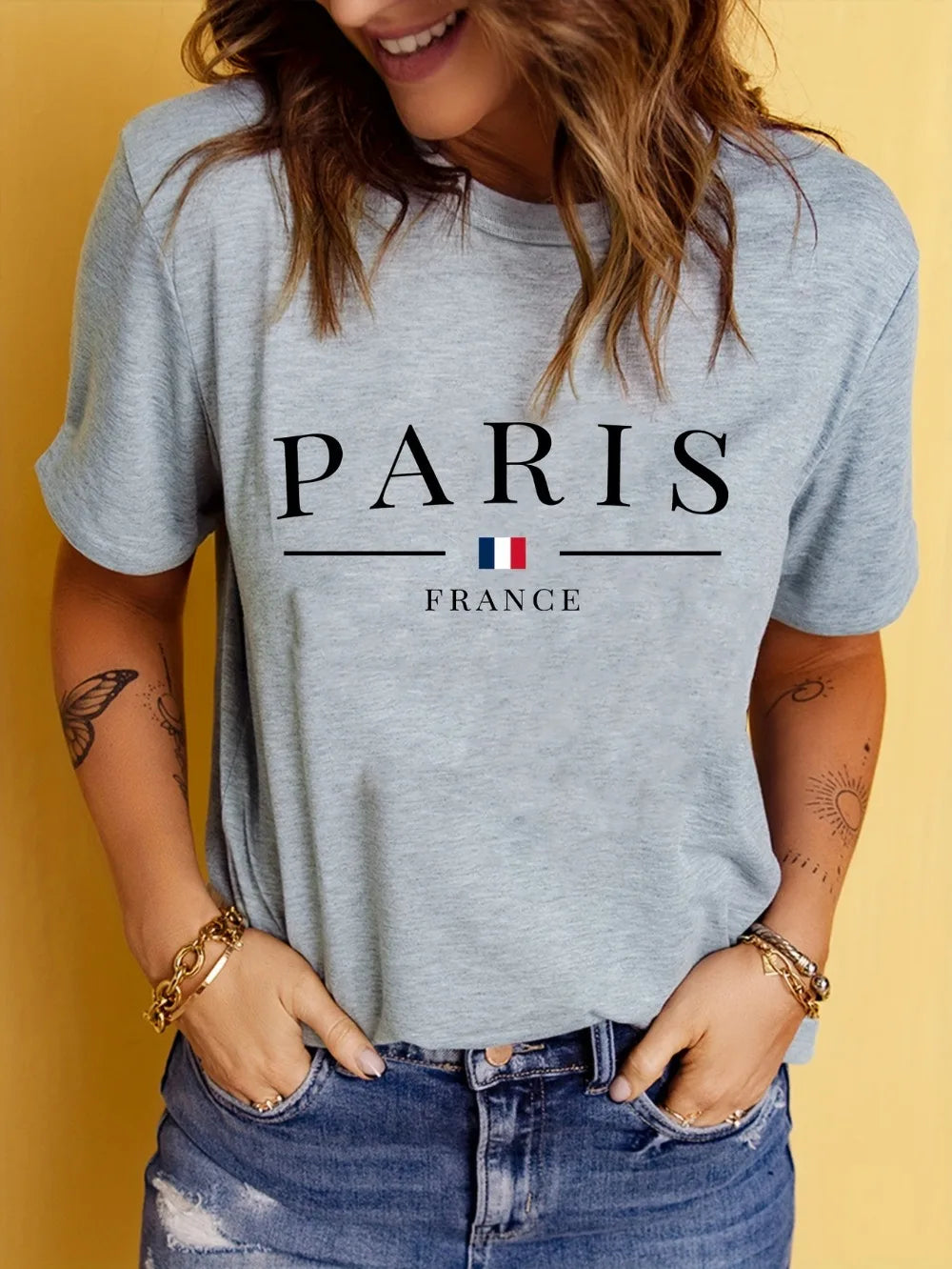PARIS France Casual Crew Neck T-Shirt - Geometric Pattern Regular Length
