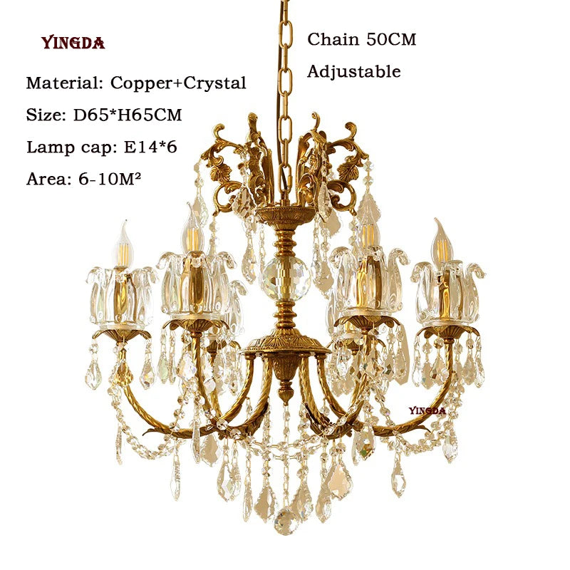 All Copper European Crystal Lamp, American Medieval Chandelier, French Living Room Lamp, Villa Classical Restaurant Lamp