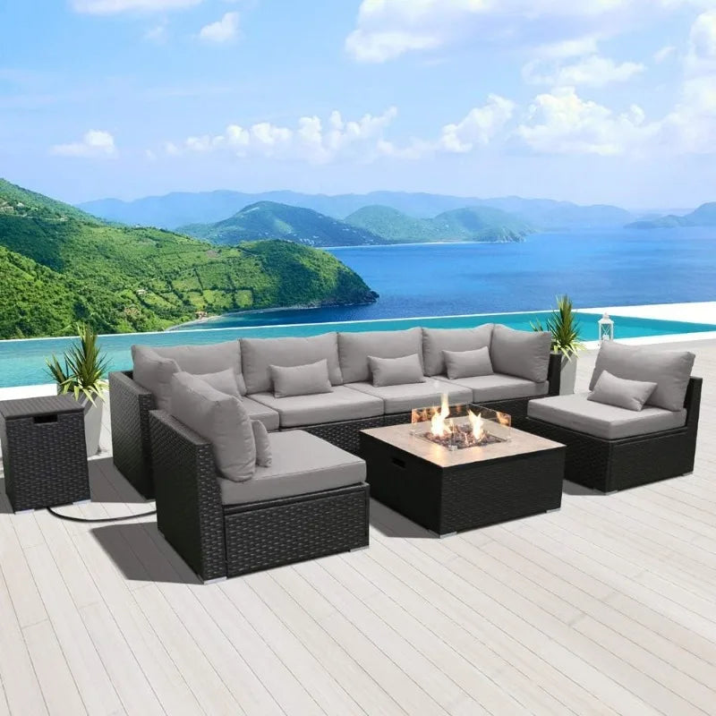 Patio Furniture Sectional Sofa with Gas Fire Pit Table Outdoor Patio Furniture Sets Propane Fire Pit (Light Gray-Square T