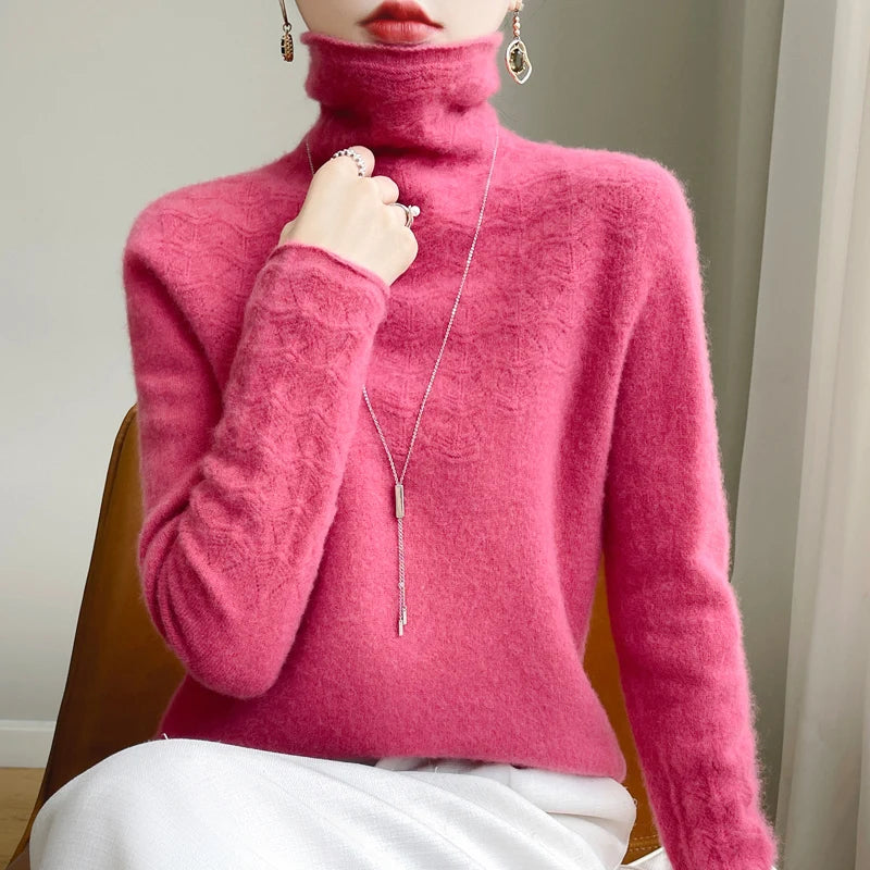 Fashion Cashmere Jumper 100% Merino Wool Pullover Winter High Neck Solid Long Sleeve Women's Seamless Hollow out Knitted Sweater