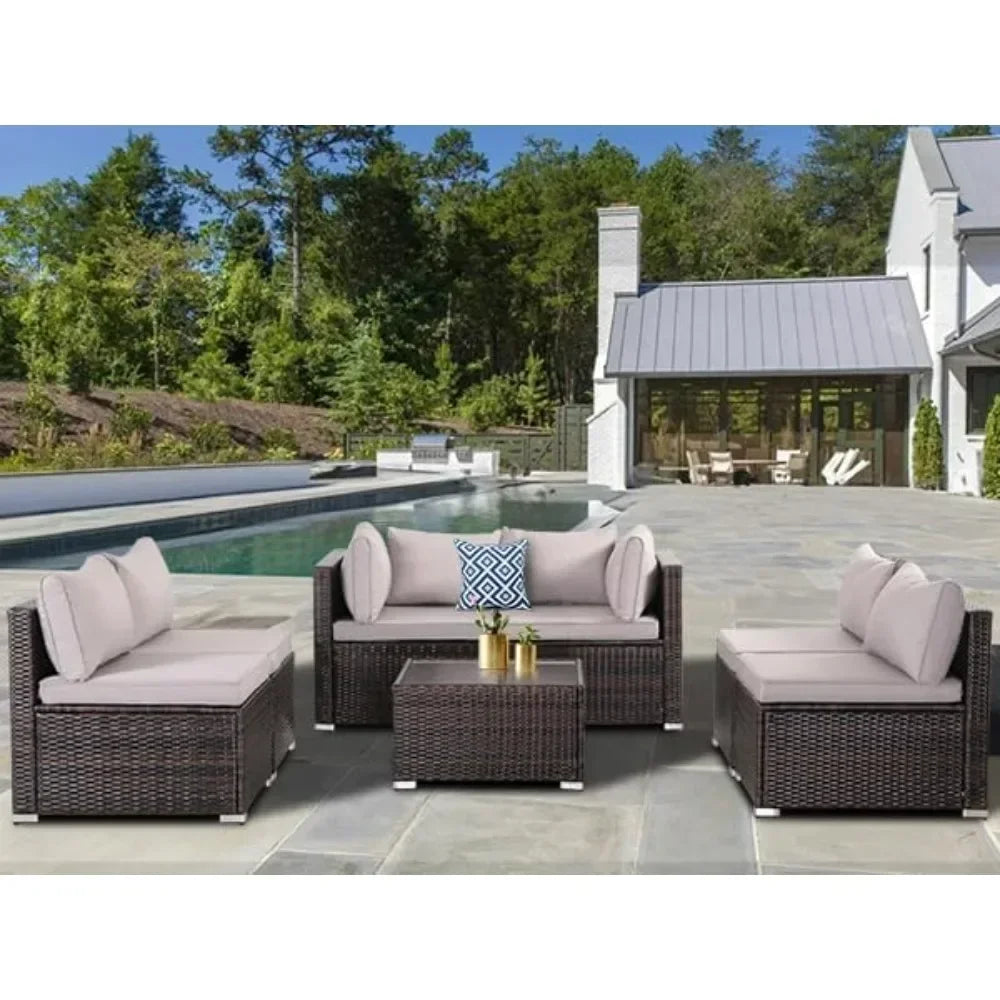 7-Piece Patio Furniture Set-Modular Wicker Outdoor Sectional Sofa Rattan With Pillow-top Cushions and Coffee Table
