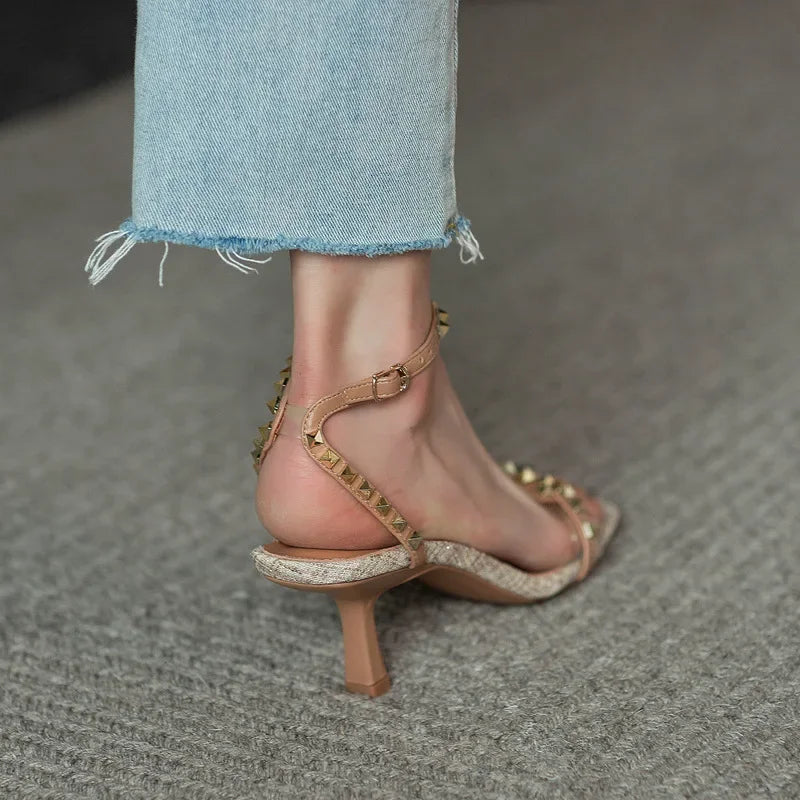 French Vintage Rivet Sandals for Women. 2025 New Summer Belt Buckle High Heel Roman Sandals Sexy Square Toe