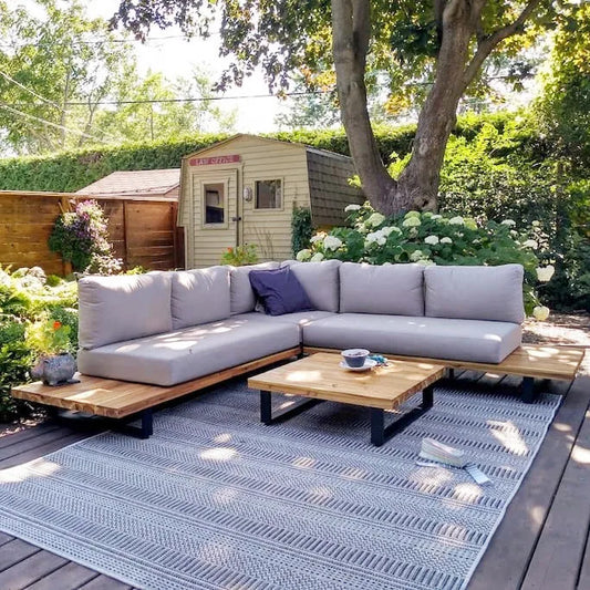 Hotel-Like Wooden Furniture - Waterproof Aluminum Outdoor Corner Sofa Garden Sectional L Shape Patio Lounge Sofa with Acacia Wood