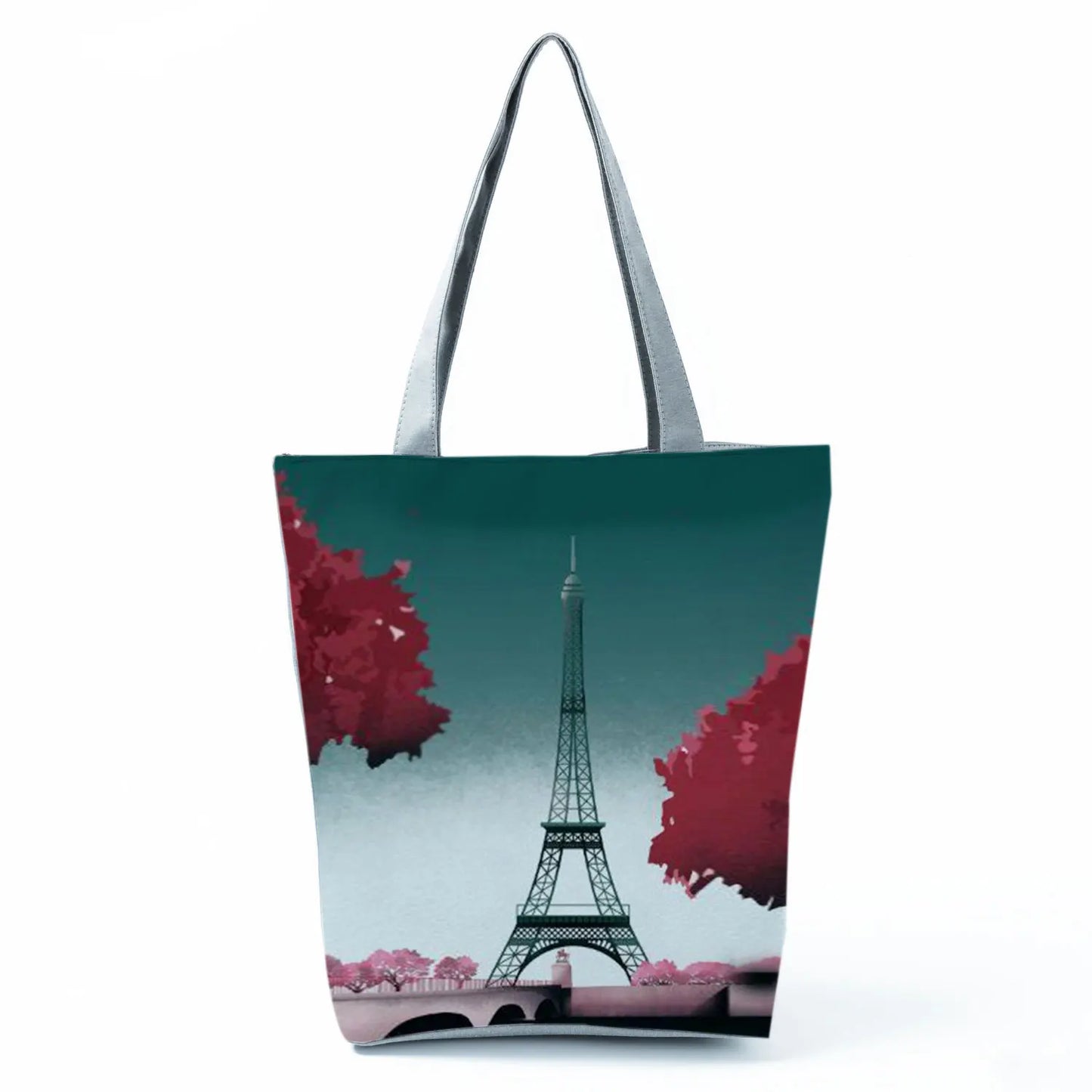 Floral Eiffel Tower Print Tote Bag Paris Landscape Shoulder Bag Fashion Pretty Handbags High Capacity Shopping Bag Eco Beach Bag