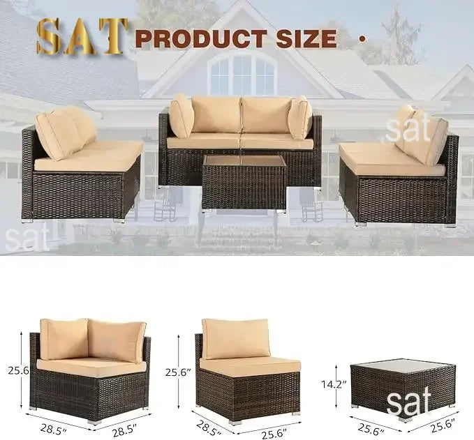 7-Piece Patio Furniture Set-Modular Wicker Outdoor Sectional Sofa Rattan With Pillow-top Cushions and Coffee Table