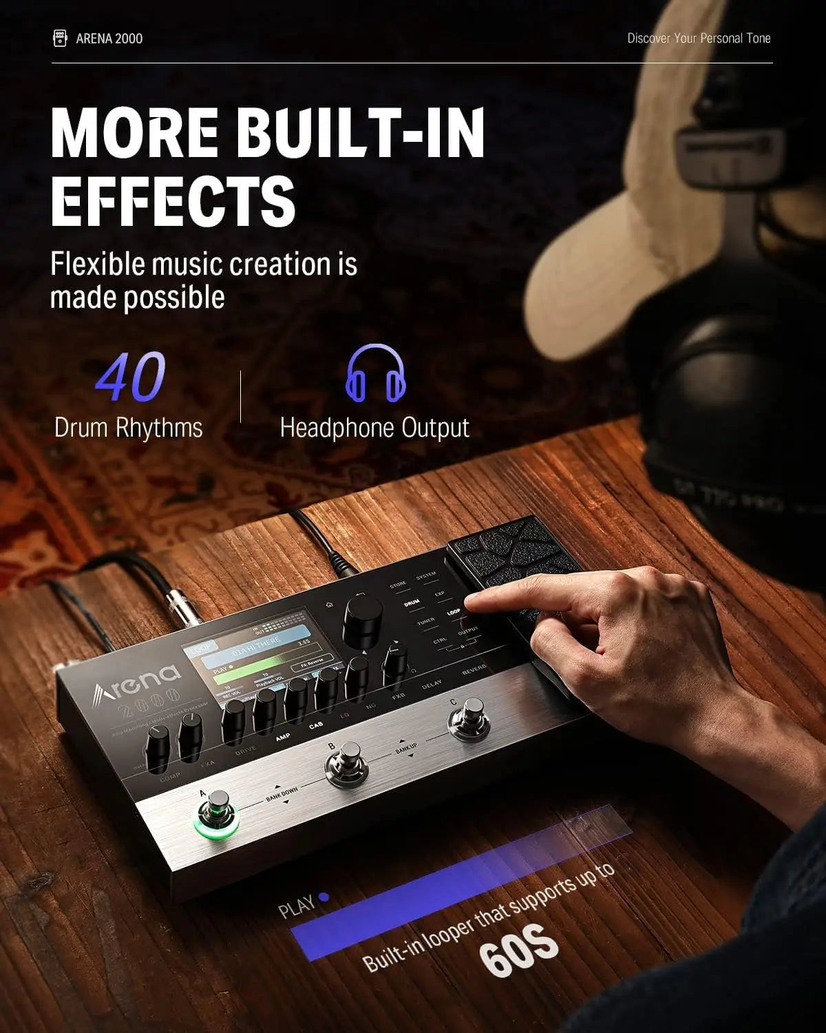 Donner Arena 2000 Multi-effect Pedal 278 Effects IR AMP Drum Looper MIDI In Effector with Softwear APP for Electric Guitar