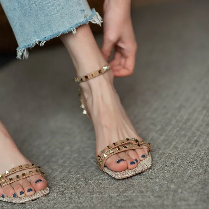 French Vintage Rivet Sandals for Women. 2025 New Summer Belt Buckle High Heel Roman Sandals Sexy Square Toe