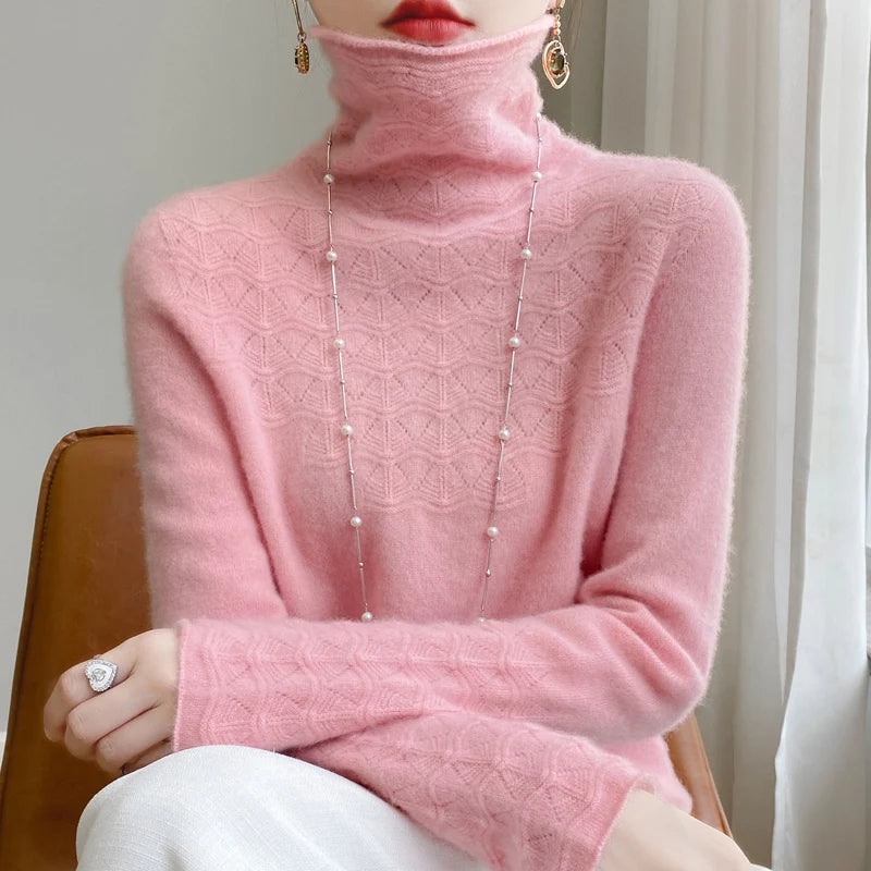Fashion Cashmere Jumper 100% Merino Wool Pullover Winter High Neck Solid Long Sleeve Women's Seamless Hollow out Knitted Sweater