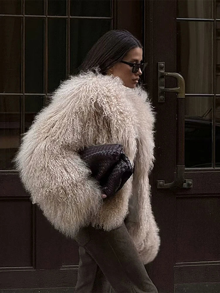 Elegant Faux Fur Warm Women Winter Coats Lapel Long Sleeve Thickened Loose Jackets 2025 Winter New Lady High Street Outerwears