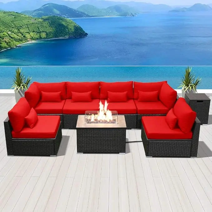 Patio Furniture Sectional Sofa with Gas Fire Pit Table Outdoor Patio Furniture Sets Propane Fire Pit (Light Gray-Square T