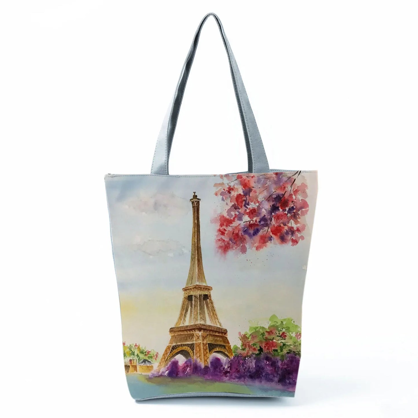 Floral Eiffel Tower Print Tote Bag Paris Landscape Shoulder Bag Fashion Pretty Handbags High Capacity Shopping Bag Eco Beach Bag