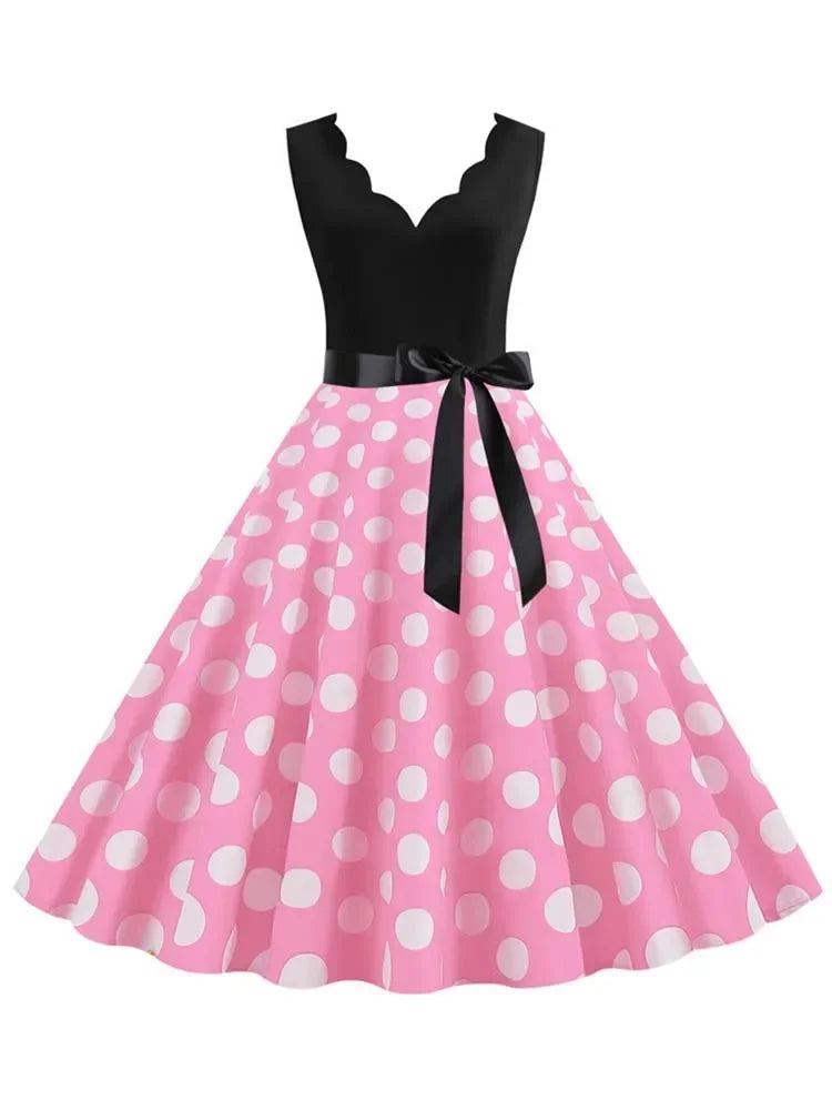 2025 New Vintage Polka Dot Print Women Summer Dress 50s Retro Patchwork Sleeveless V Neck Elegant Party Casual Robe Midi Dresses
