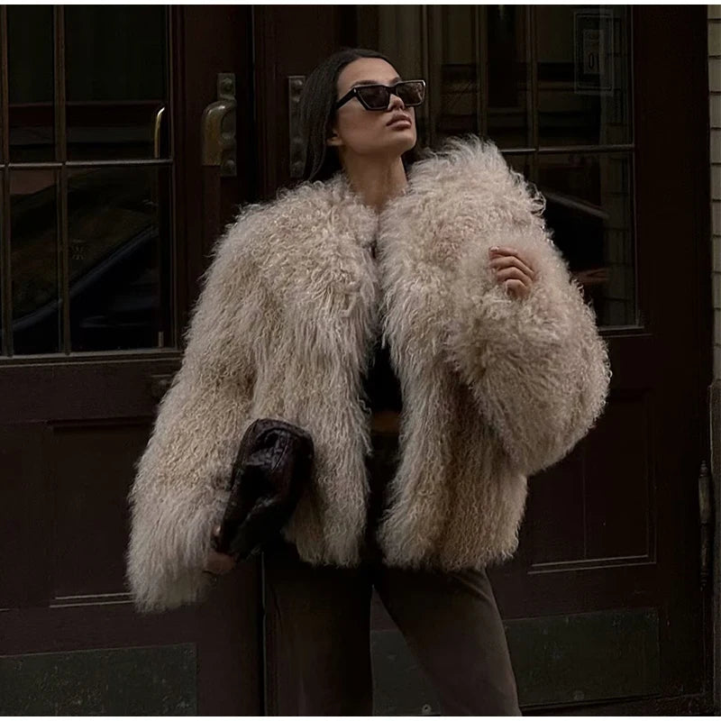 Elegant Faux Fur Warm Women Winter Coats Lapel Long Sleeve Thickened Loose Jackets 2025 Winter New Lady High Street Outerwears