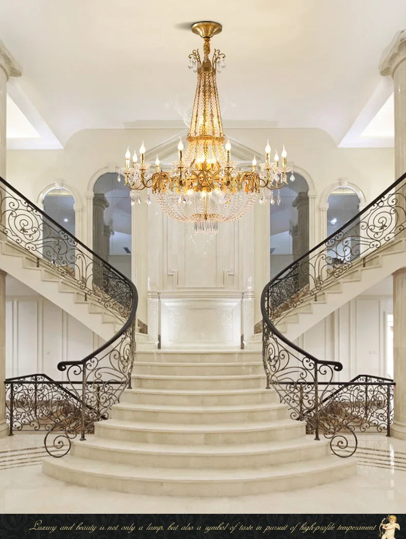 French Classical Brass Crystal Large Chandelier-Loft-Villa-Hall-Hotel Lobby Lamp