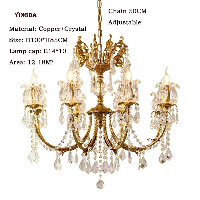 All Copper European Crystal Lamp, American Medieval Chandelier, French Living Room Lamp, Villa Classical Restaurant Lamp