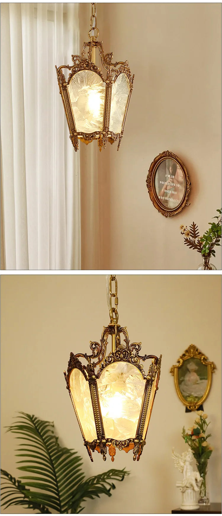 French-Style Retro Copper Ice Flower Glass Small Chandelier Bedside Balcony Porch Pendant Lighting Cloakroom Hanging Lamp