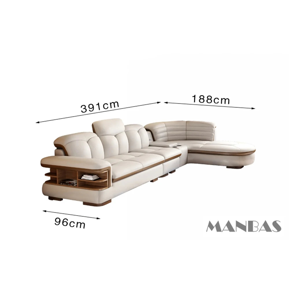 Luxury L-Shaped Genuine Leather Sectional Sofa Sets with USB, Bluetooth Speaker - MINGDIBAO Living Room Italian Leather Couches