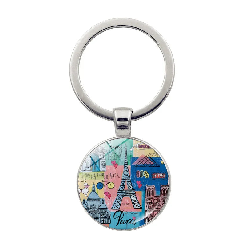 Paris Souvenirs Gifts Keychain France Eiffel Tower, Triumphal Arch, National Flag Glass Pendants