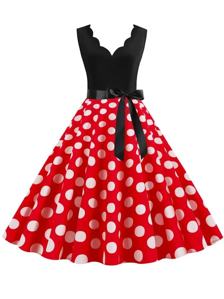 2025 New Vintage Polka Dot Print Women Summer Dress 50s Retro Patchwork Sleeveless V Neck Elegant Party Casual Robe Midi Dresses