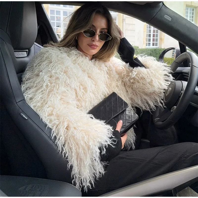 Elegant Faux Fur Warm Women Winter Coats Lapel Long Sleeve Thickened Loose Jackets 2025 Winter New Lady High Street Outerwears