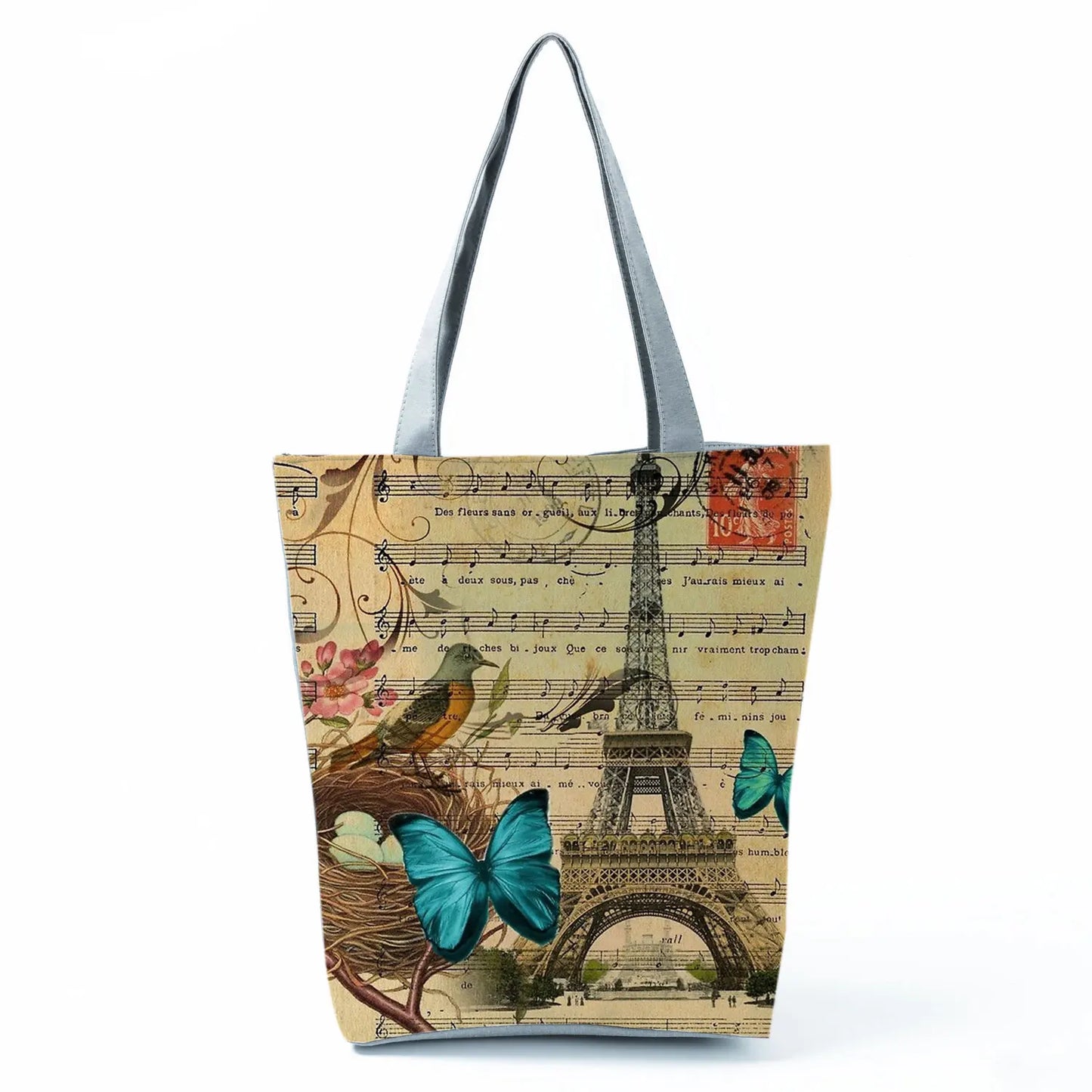 Floral Eiffel Tower Print Tote Bag Paris Landscape Shoulder Bag Fashion Pretty Handbags High Capacity Shopping Bag Eco Beach Bag