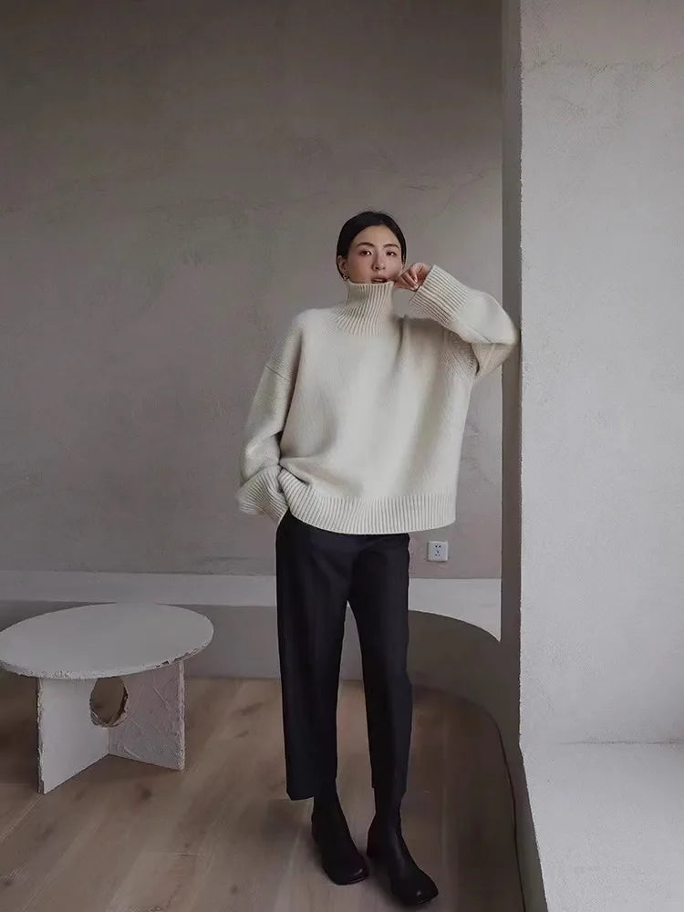 2025 Autumn and Winter New Thick Cashmere Sweater Women High Neck Pullover Sweater Warm Loose Knitted Base Sweater Jacket Tops