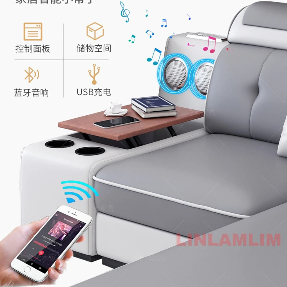 Modern Scientific Cloth Sectional Sofa Set with Chaise Lounge, Bluetooth Speakers, and USB Charging Ports for Living Room