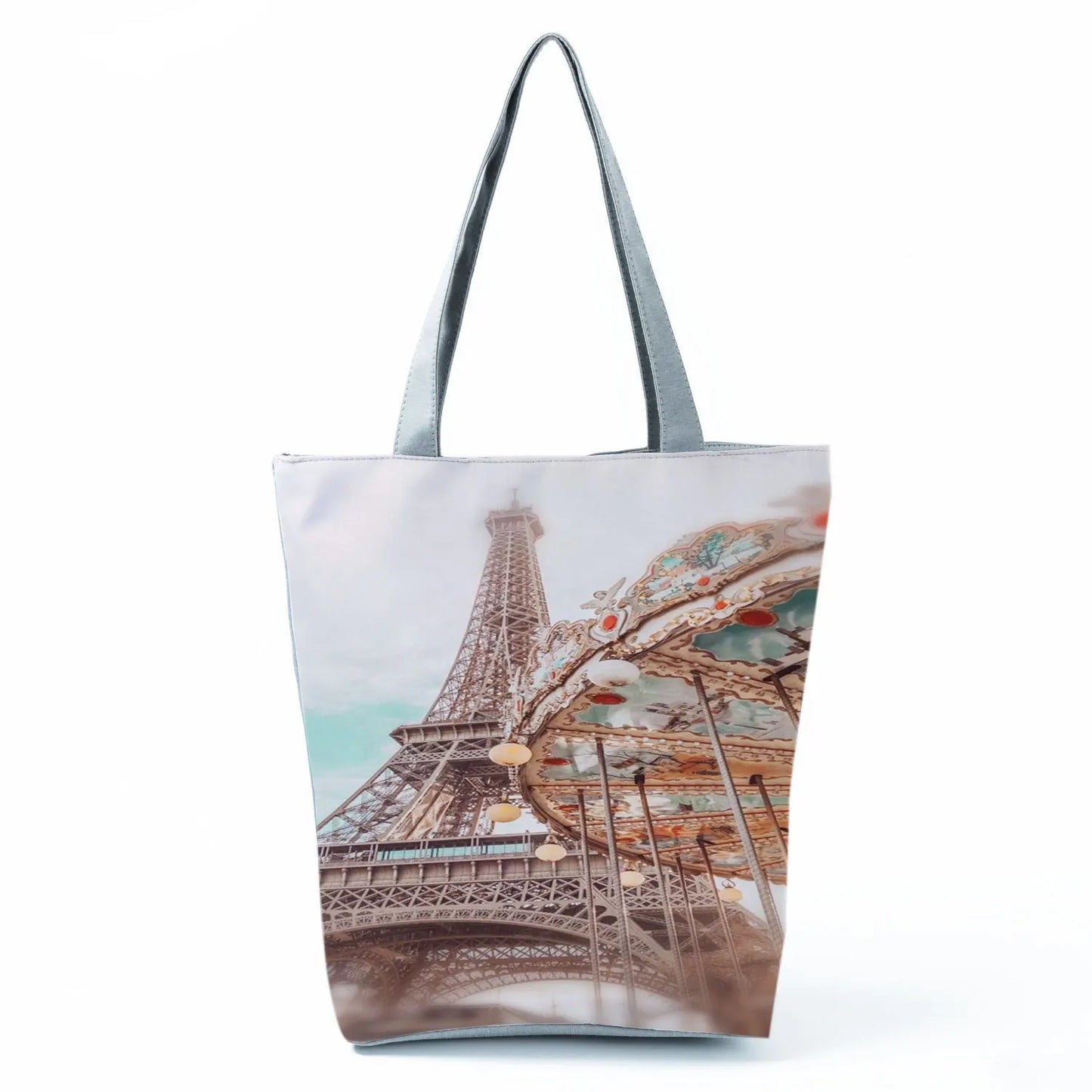 Floral Eiffel Tower Print Tote Bag Paris Landscape Shoulder Bag Fashion Pretty Handbags High Capacity Shopping Bag Eco Beach Bag