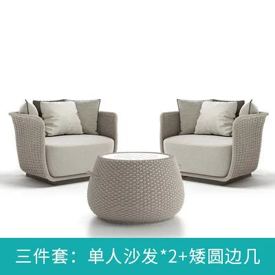 Outdoor Sofa Courtyard Villa Living Room. Waterproof Rope Design. Rattan Combination Furniture. Solid Wood Coffee Table.