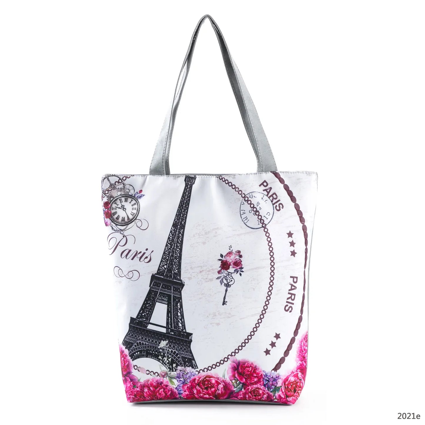 Floral Eiffel Tower Print Tote Bag Paris Landscape Shoulder Bag Fashion Pretty Handbags High Capacity Shopping Bag Eco Beach Bag