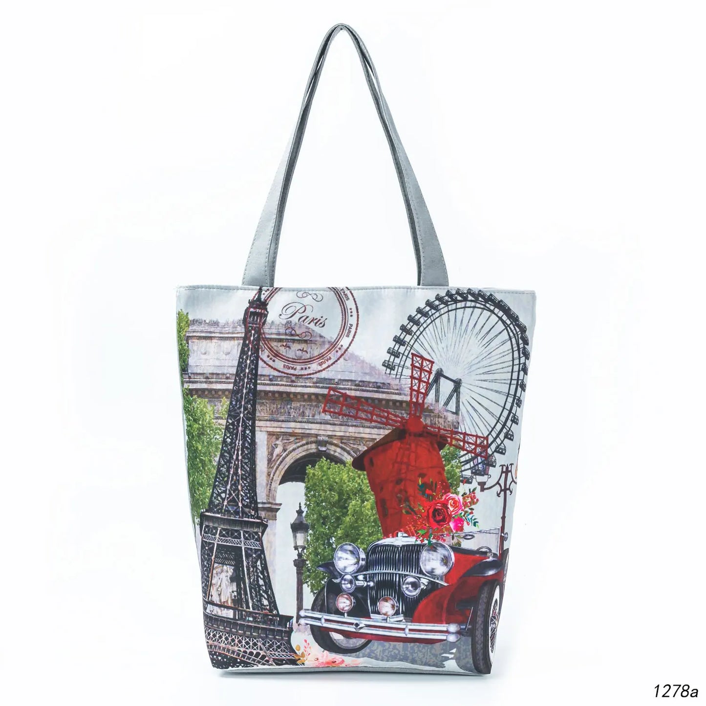 Floral Eiffel Tower Print Tote Bag Paris Landscape Shoulder Bag Fashion Pretty Handbags High Capacity Shopping Bag Eco Beach Bag