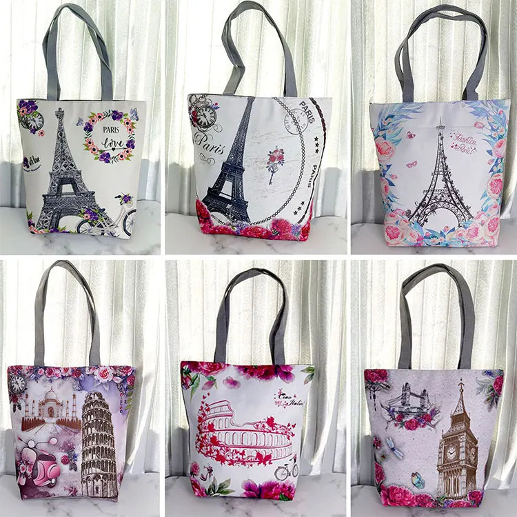 Floral Eiffel Tower Print Tote Bag Paris Landscape Shoulder Bag Fashion Pretty Handbags High Capacity Shopping Bag Eco Beach Bag