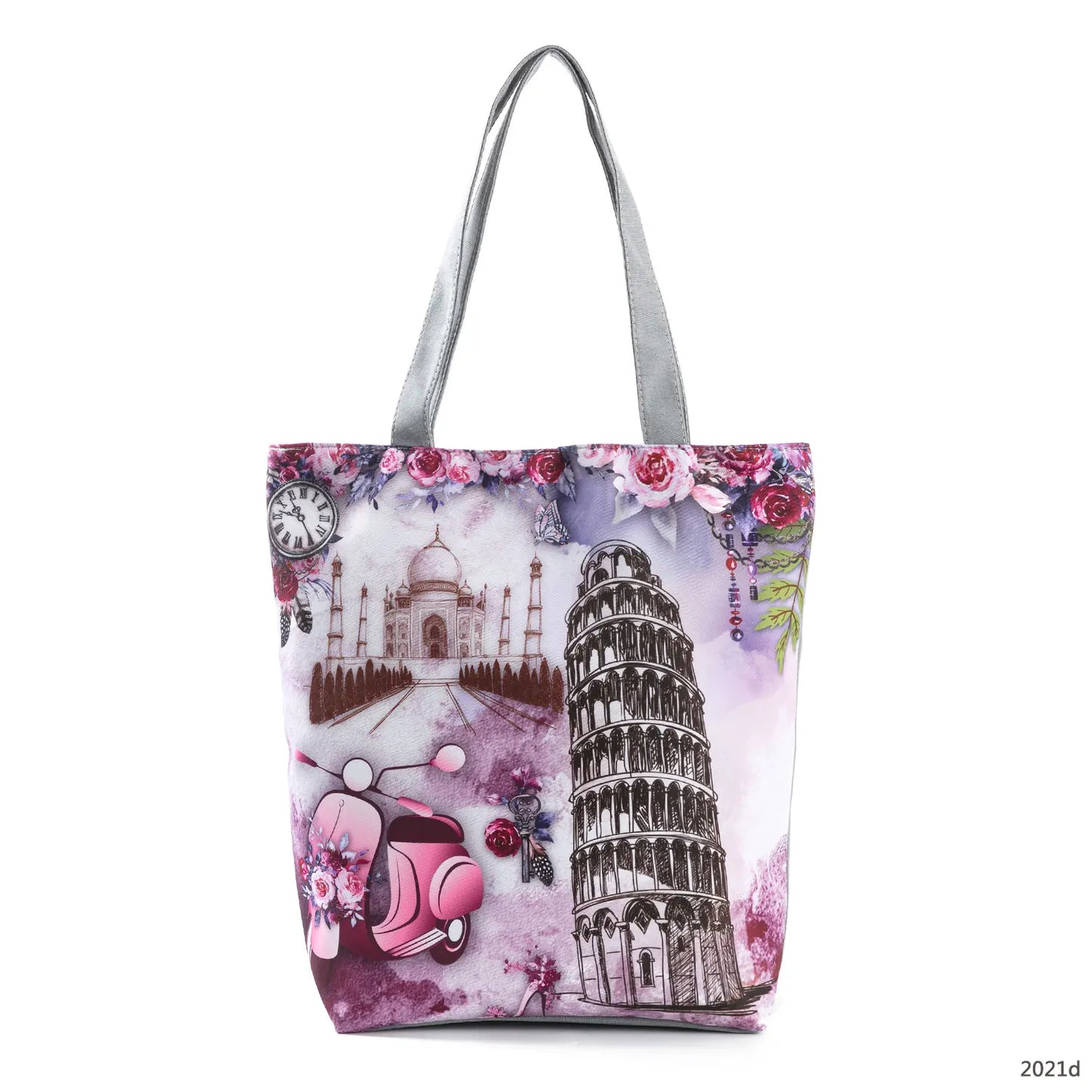Floral Eiffel Tower Print Tote Bag Paris Landscape Shoulder Bag Fashion Pretty Handbags High Capacity Shopping Bag Eco Beach Bag