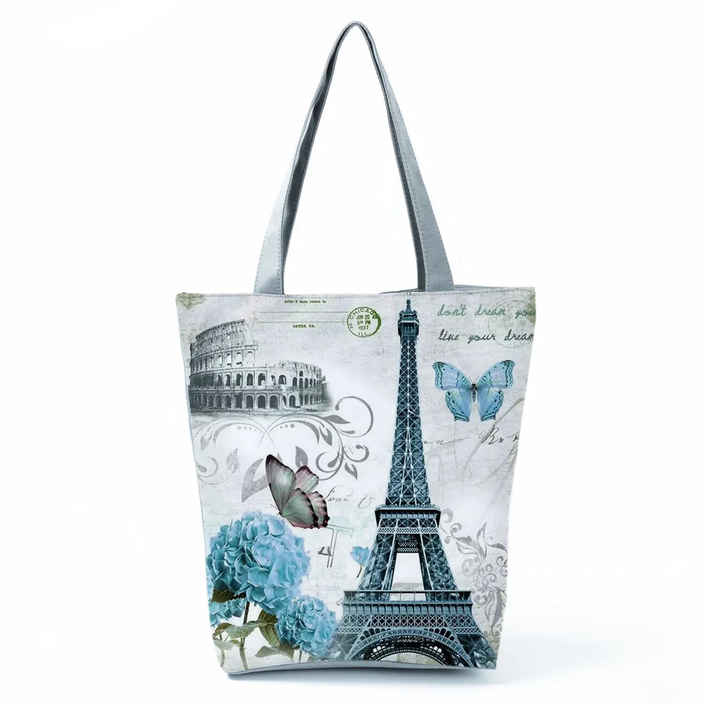 Floral Eiffel Tower Print Tote Bag Paris Landscape Shoulder Bag Fashion Pretty Handbags High Capacity Shopping Bag Eco Beach Bag