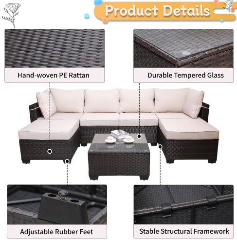 Outdoor Garden Patio Furniture 7 Piece Rattan/Wicker Cushioned Sofa Sets And Coffee Table