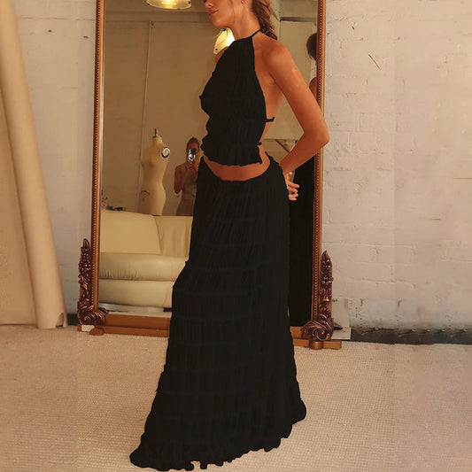 2pc Women's Dress Suit Sexy, Sleeveless, Backless, Cropped Halter Top And Pleated Long Dress