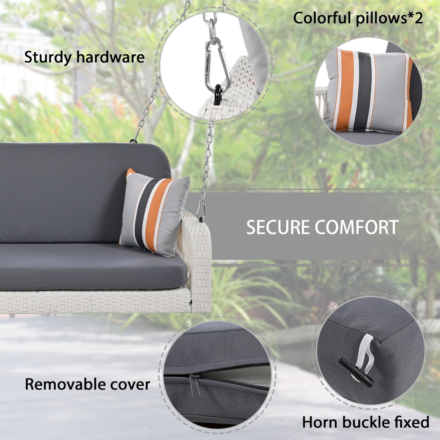 Wicker Porch Swing, 2-Seater Hanging Bench With Chains